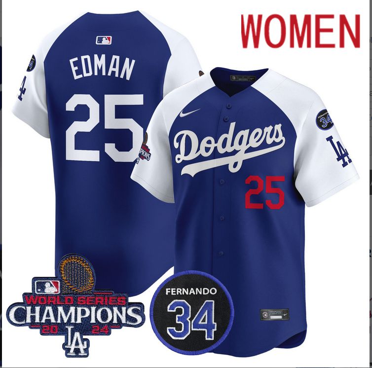 Women MLB Los Angeles Dodgers #25 Edman blue 2024 World Series Champions Patch Limited Jersey